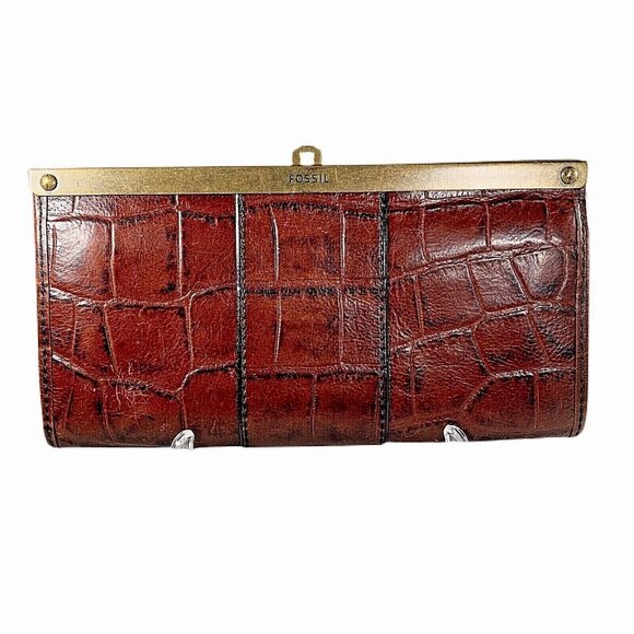 Fossil Handbags - Vtg Fossil Croc Embossed Leather Wallet Clutch Metal Close Multiple pockets